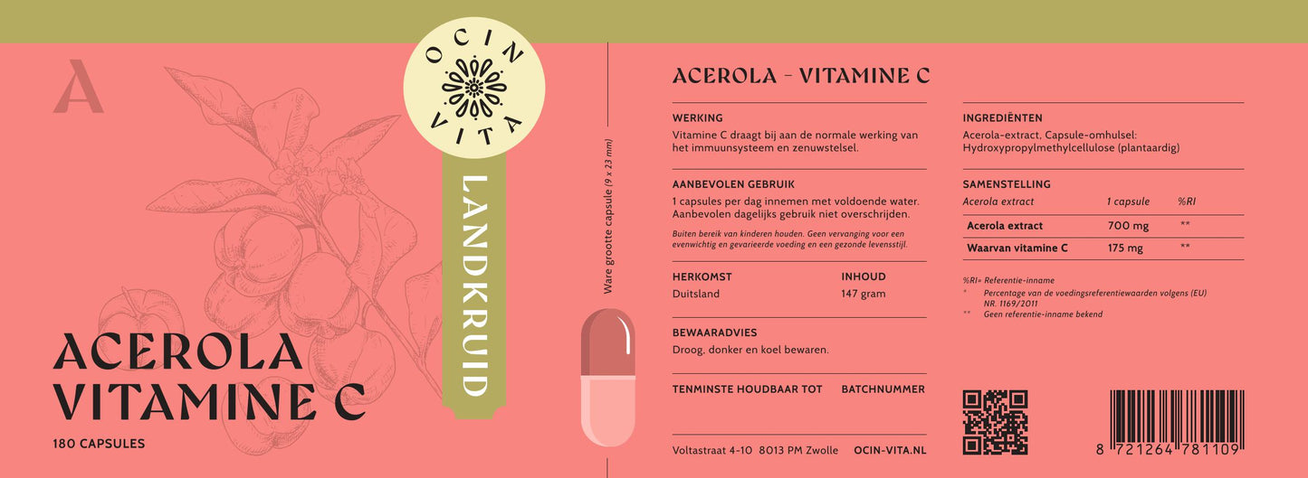 Acerola Vitamine C Capsules – Ondersteunt Collageenproductie en Huidgezondheid
