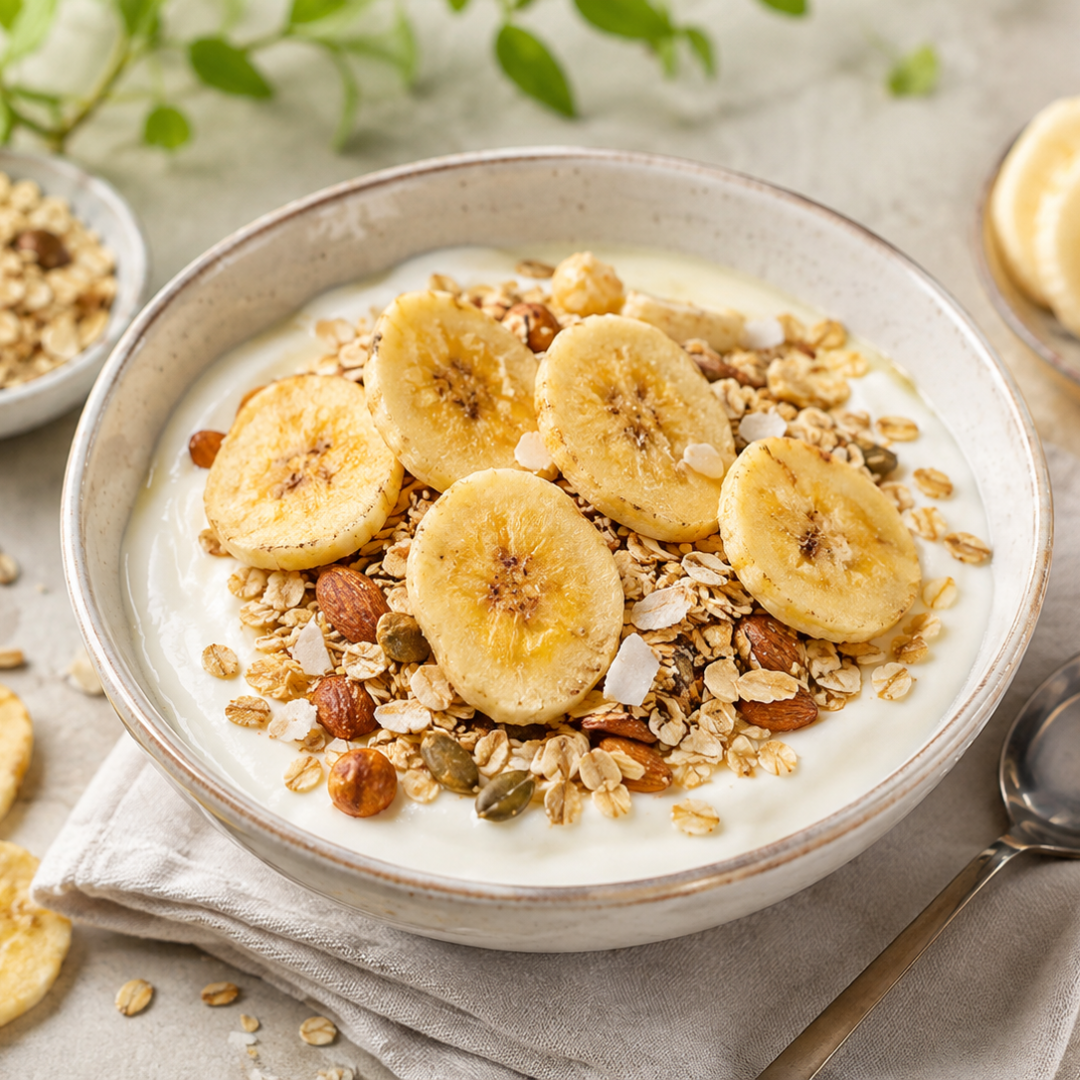 bananenchips als topping voor yoghurt en muesli
