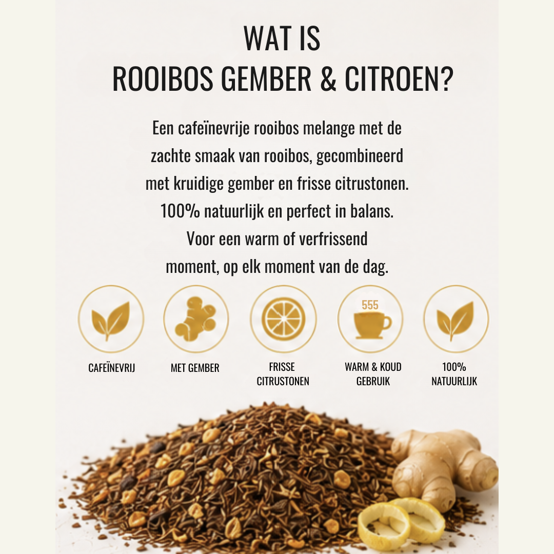 Rooibos Thee Melange – Gember & Citroen | Cafeïnevrije Kruidenthee