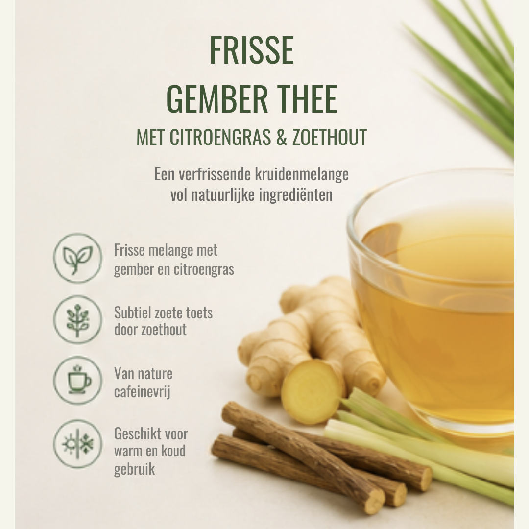 Frisse Gember Thee – Citroengras & Zoethout | Cafeïnevrije Kruidenthee