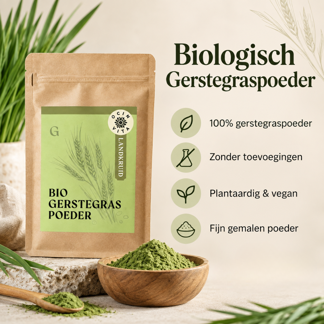 Ocin Vita biologisch gerstegraspoeder met verpakking, los poeder en productkenmerken zoals vegan en zonder toevoegingen