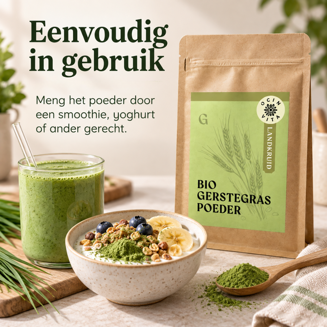 Ocin Vita biologisch gerstegraspoeder bij smoothie en ontbijtkom met yoghurt, banaan en bessen